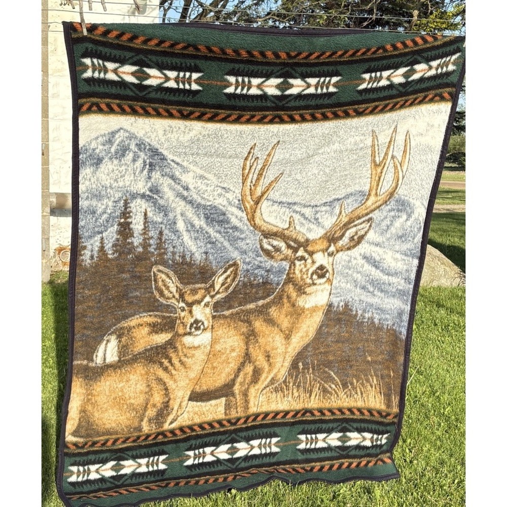Vintage Biederlack Reversible Deer Buck Doe Southwestern Blanket 60" By 80"